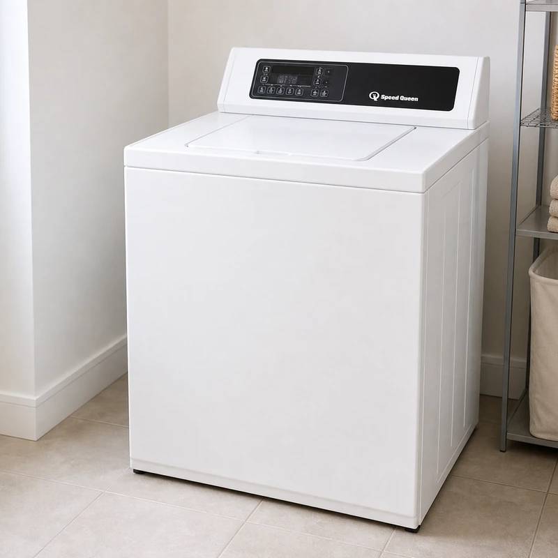 Speed Queen TR7003WN top-load washing machine in a bright laundry room