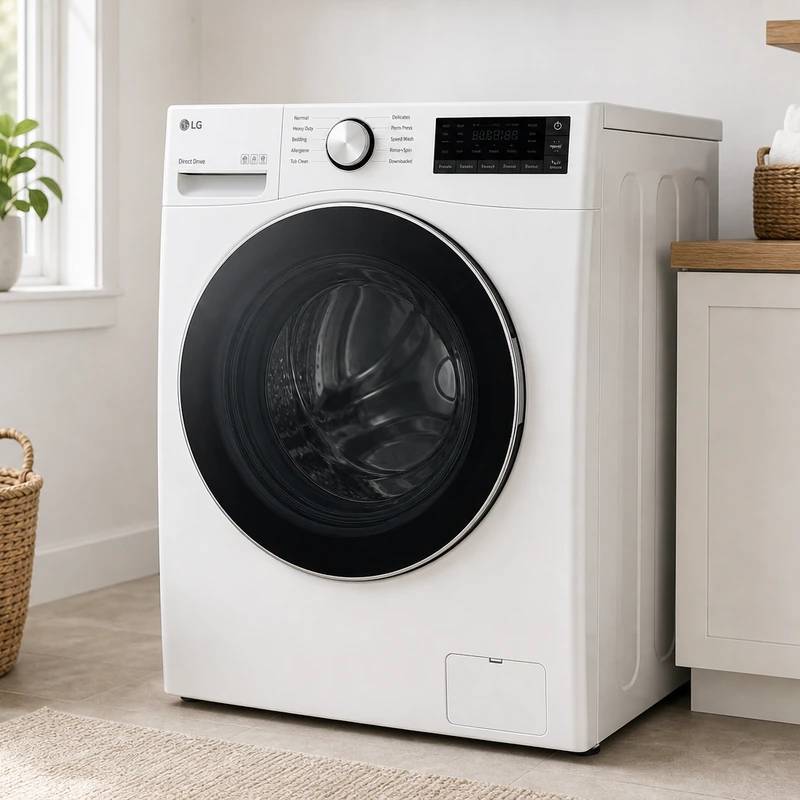 LG WM4000HWA front-load washing machine in a bright laundry room