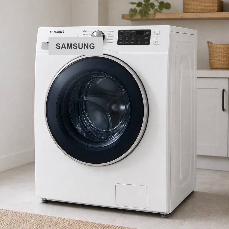 Samsung WF45T6000AW front-load washing machine in a bright laundry room