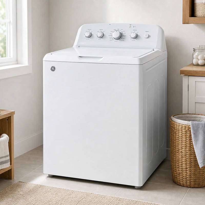 GE GTW465ASNWW top-load washing machine in a bright laundry room