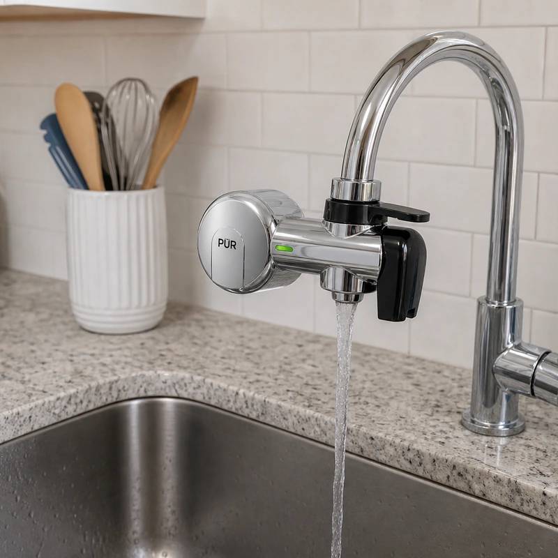 PUR PLUS faucet mount water filter installed on a kitchen faucet