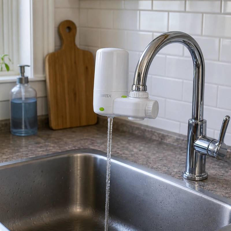 Brita faucet mount water filter system installed on a kitchen faucet