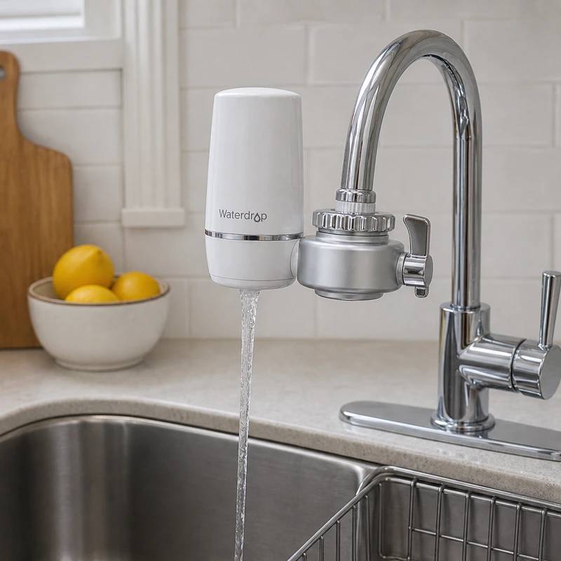 Waterdrop faucet filter installed on a kitchen faucet