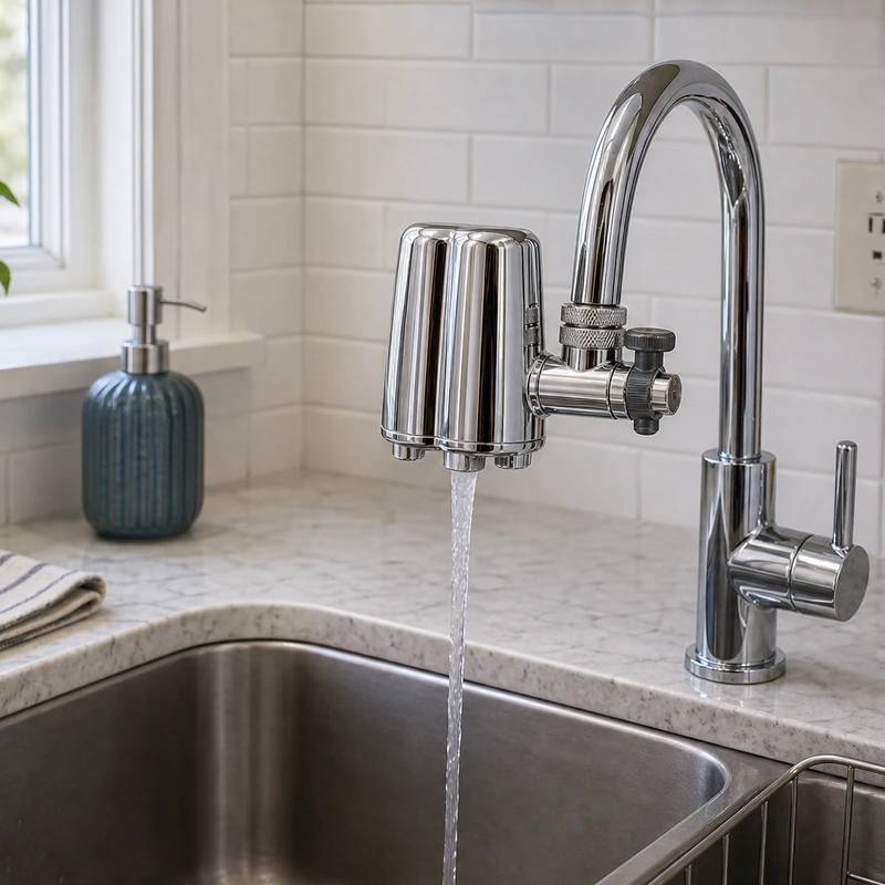 Culligan FM-25 chrome faucet mount water filter installed on a kitchen faucet