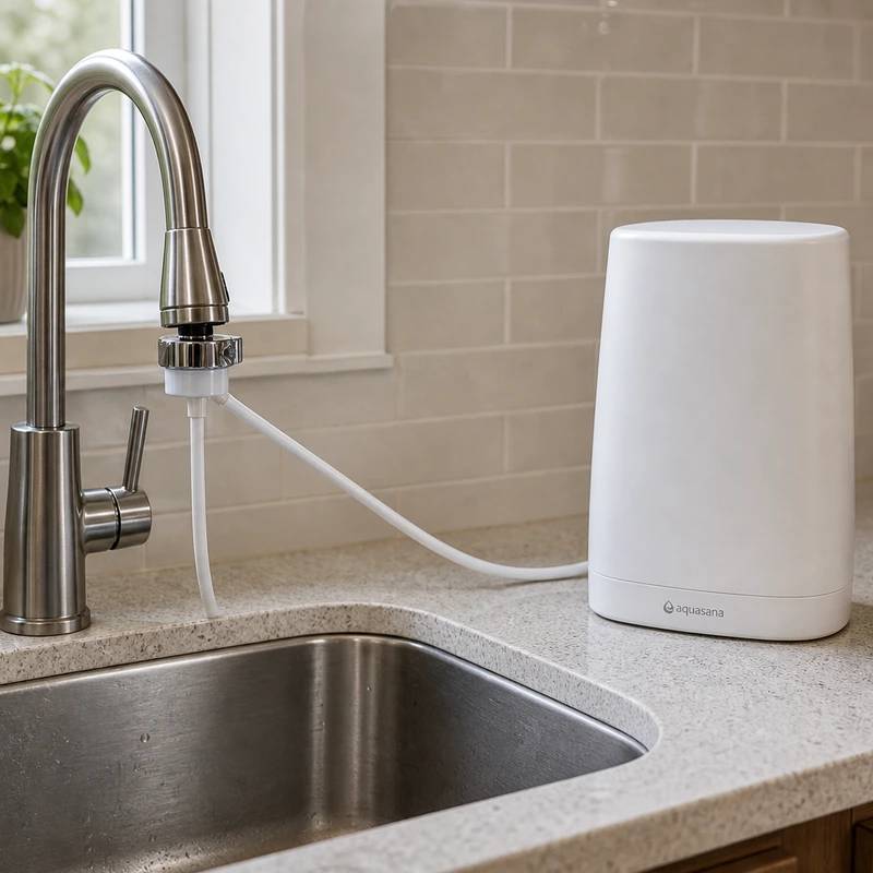 Aquasana countertop water filter connected to a kitchen faucet