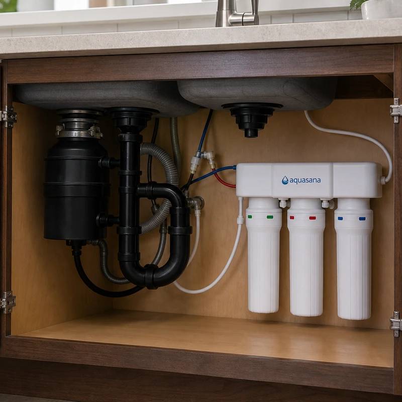 Aquasana Claryum 3-stage under-sink water filter installed in a cabinet