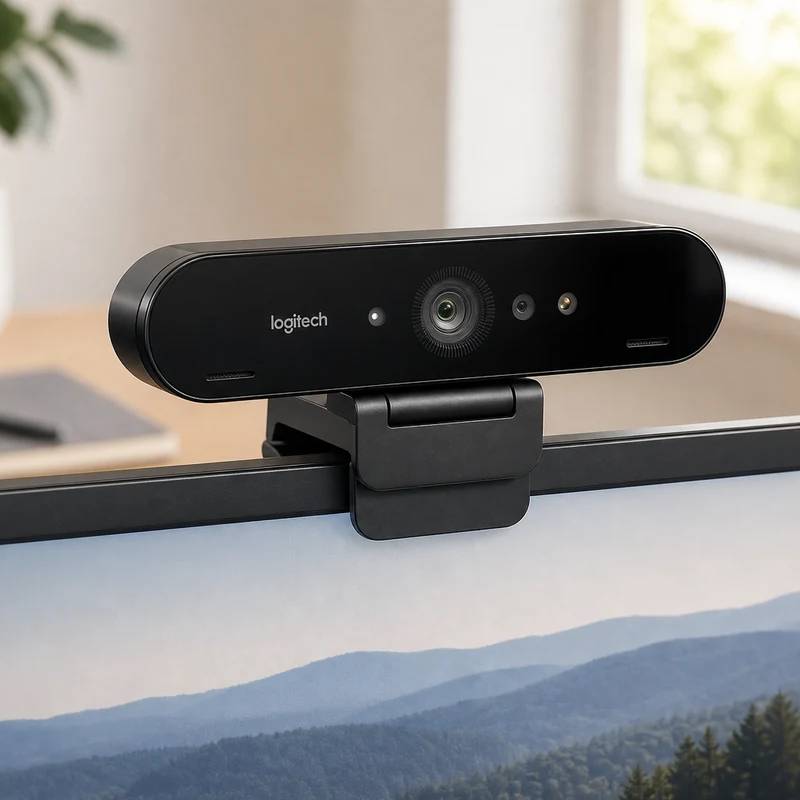 Logitech Brio 4K webcam on a monitor in a bright office setup