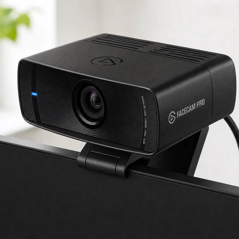 Elgato Facecam Pro webcam on a monitor in a bright creator desk setup
