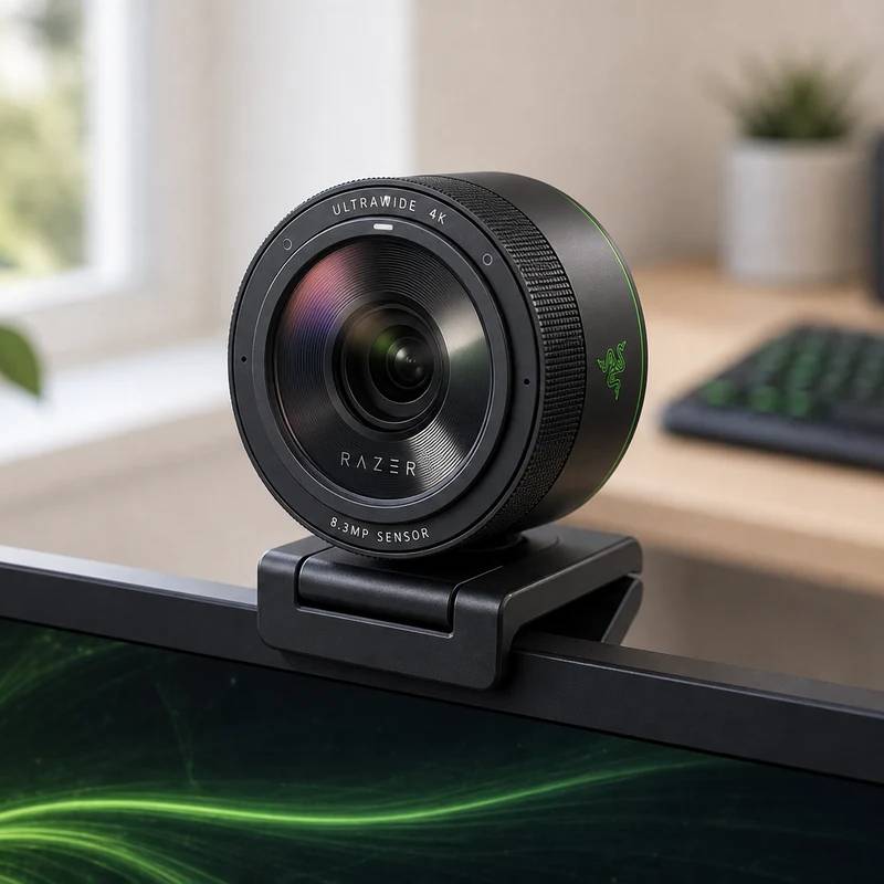 Razer Kiyo Pro Ultra webcam on a monitor in a bright home office