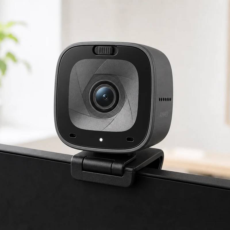 Anker PowerConf C200 webcam on a monitor in a bright home office
