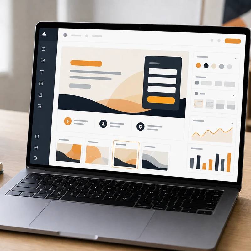 Landingi landing page builder workspace with non-readable abstract interface